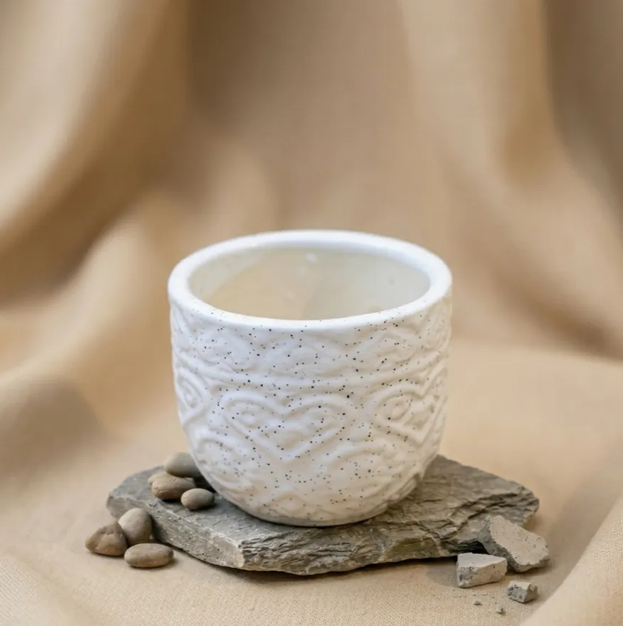 3.5 Inch White 3D Heart Handcrafted Textured Ceramic Pot - Minimalist Glossy Succulent Pot, Indoor Flower Pot for Home and Office Decor