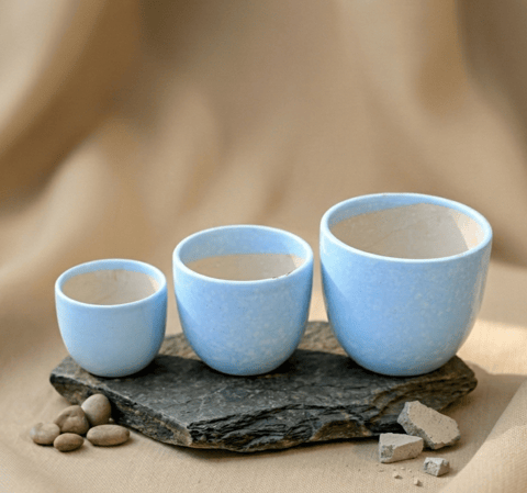 Set of 3 - 3,4 & 5.5 Inch Blue Tribal Themed Handmade Taper Ceramic Pot - Minimalist Glossy Succulent Pot, Indoor Flower Pot for Home and Office Decor