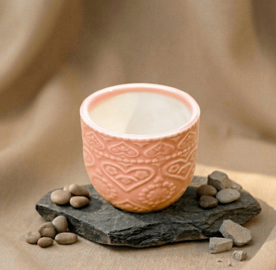 3.5 Inch Pink 3D Heart Handcrafted Textured Ceramic Pot - Minimalist Glossy Succulent Pot, Indoor Flower Pot for Home and Office Decor