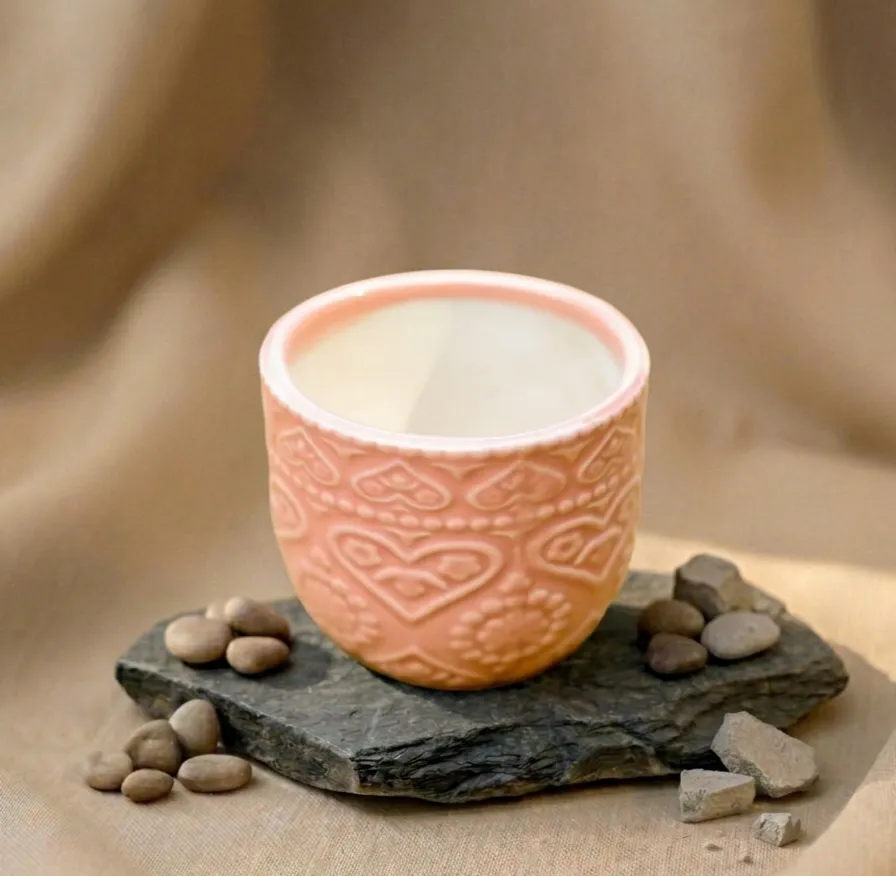 3.5 Inch Pink 3D Heart Handcrafted Textured Ceramic Pot - Minimalist Glossy Succulent Pot, Indoor Flower Pot for Home and Office Decor