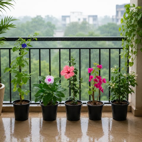 Monsoon Flower Fiesta 🌸 - Set of 5 - Aparajita, Periwinkle / Sadabahar, Hibiscus / Gudhal, Bougainvillea & Jasmine / Mogra (any colour) in 5 Inch Nursery Pot