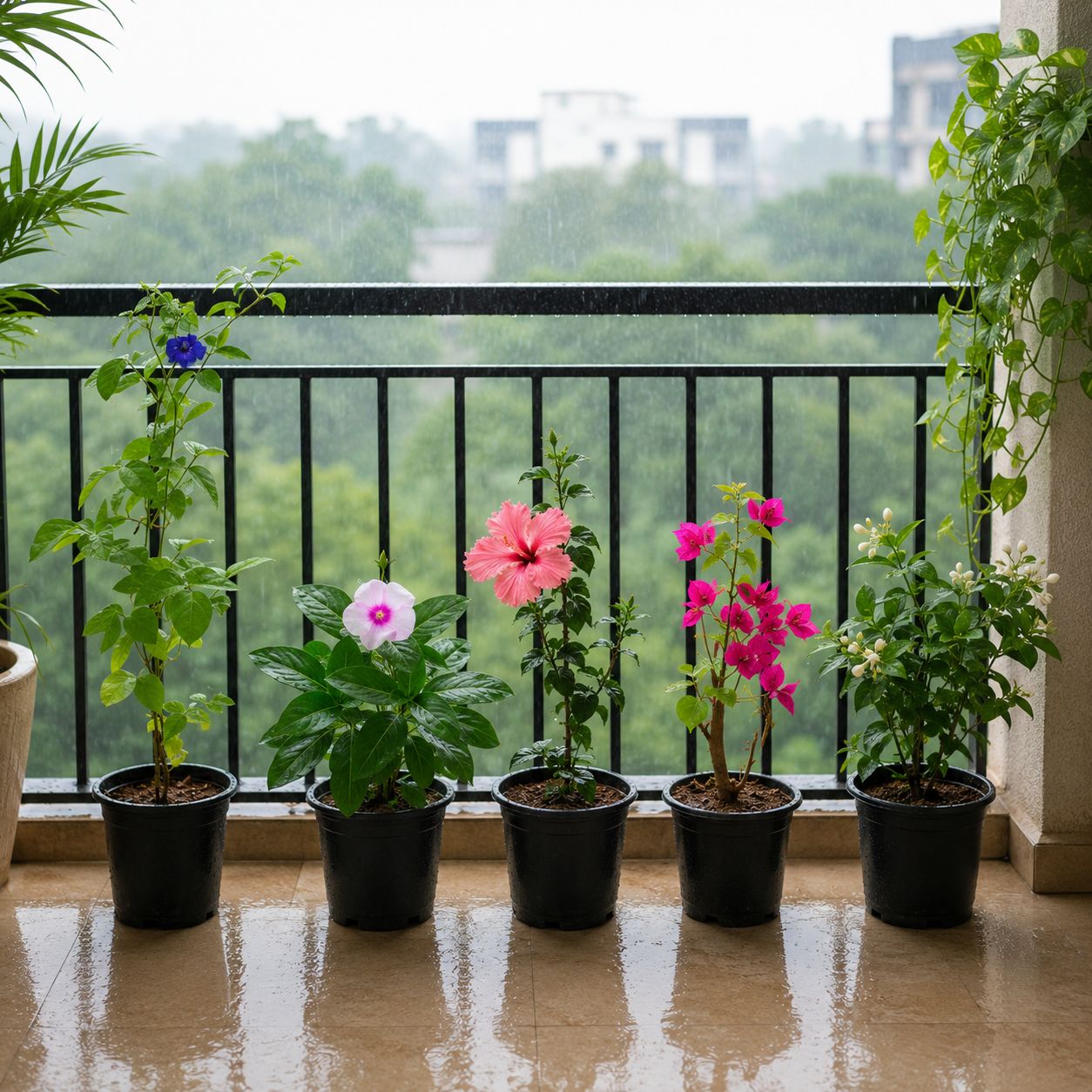 Monsoon Flower Fiesta 🌸 - Set of 5 - Aparajita, Periwinkle / Sadabahar, Hibiscus / Gudhal, Bougainvillea & Jasmine / Mogra (any colour) in 5 Inch Nursery Pot