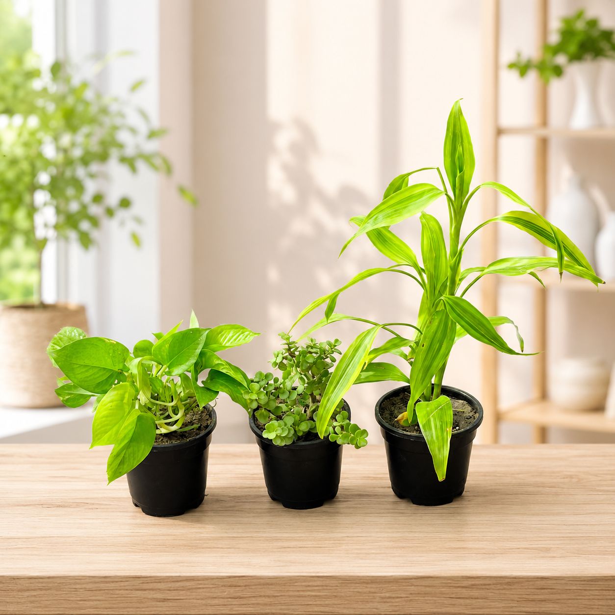 Lucky Home Trio - Set of 3 - Jade, Money Plant Green & Lucky Bamboo in 4 Inch Nursery Pot| Good Luck & Prospe