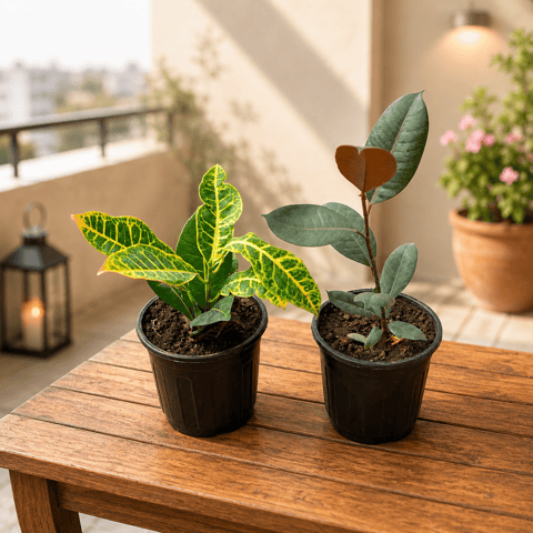 Foliage Elegance Duo - Croton Petra & Rubber Plant in 4 Inch Live Fresh Plant Nursery Pot in Dwarka Sector 6