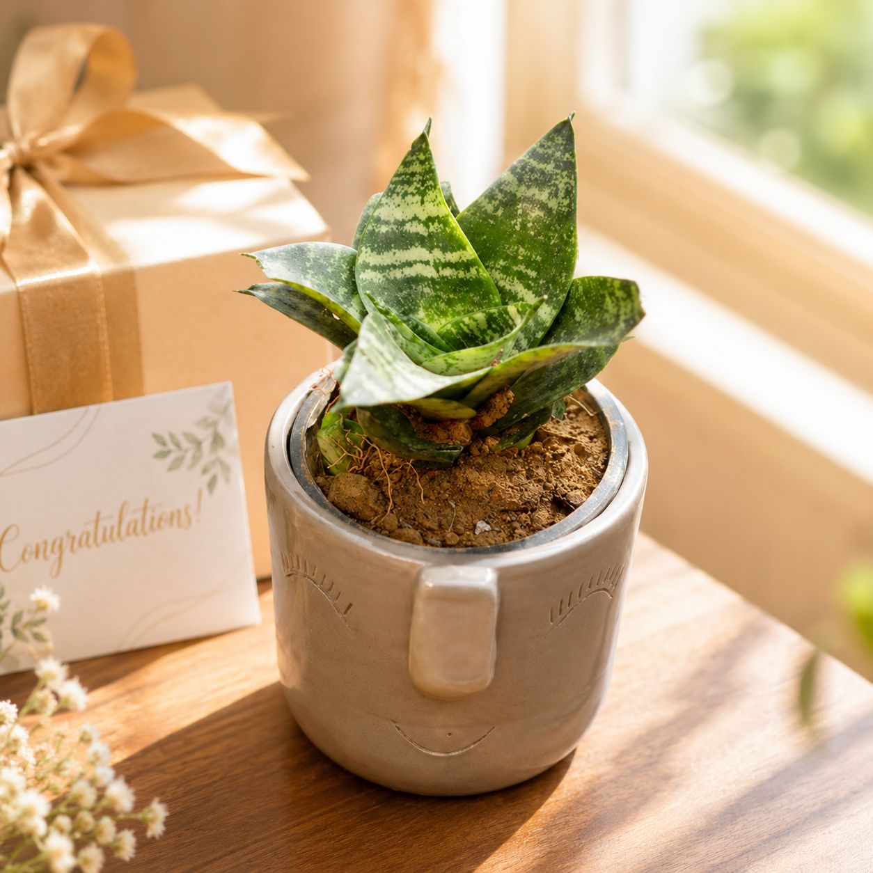 Gift Ready - Snake Green in 3.5 Inch Grey 3D Cute Face Textured Ceramic Pot - in Premium Gifting Box