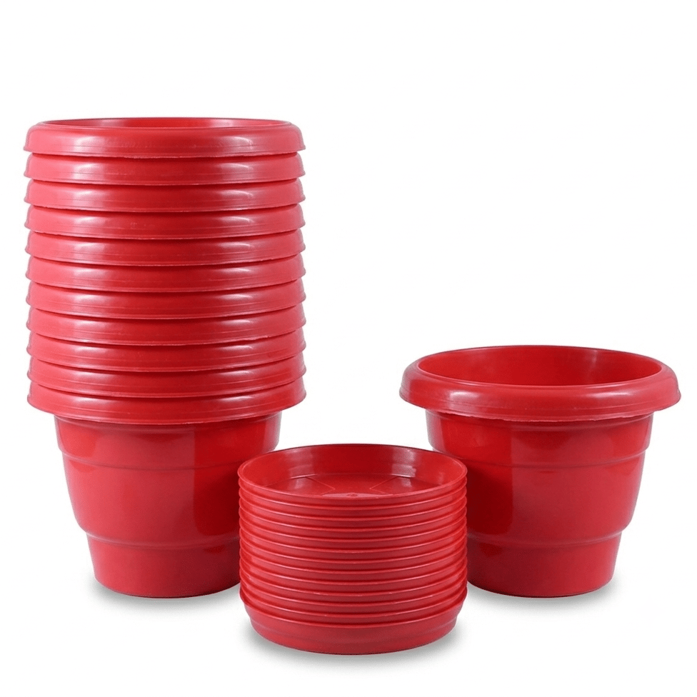 Set of 12 - 10 Inch Terracotta Red Classy Plastic Pot with 5 Inch Terracotta Red Premium Round Trays - To keep under the Pots