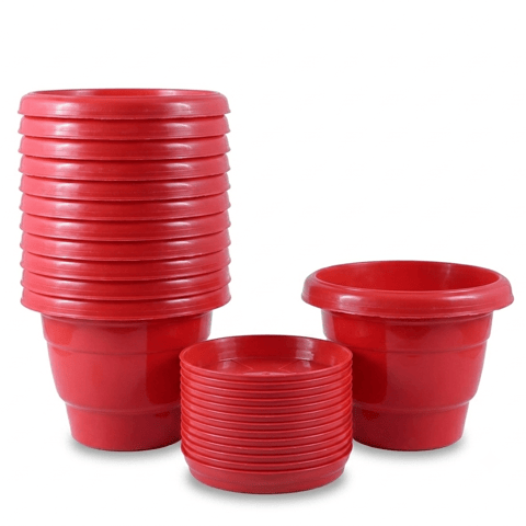 Set of 12 - 10 Inch Terracotta Red Classy Plastic Pot with 5 Inch Terracotta Red Premium Round Trays - To keep under the Pots