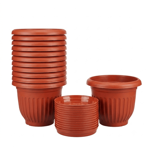 Set of 12 - 12 Inch Terracotta Red Olive Plastic Pot with 6.5 Inch Terracotta Red Premium Round Trays - To keep under the Pots