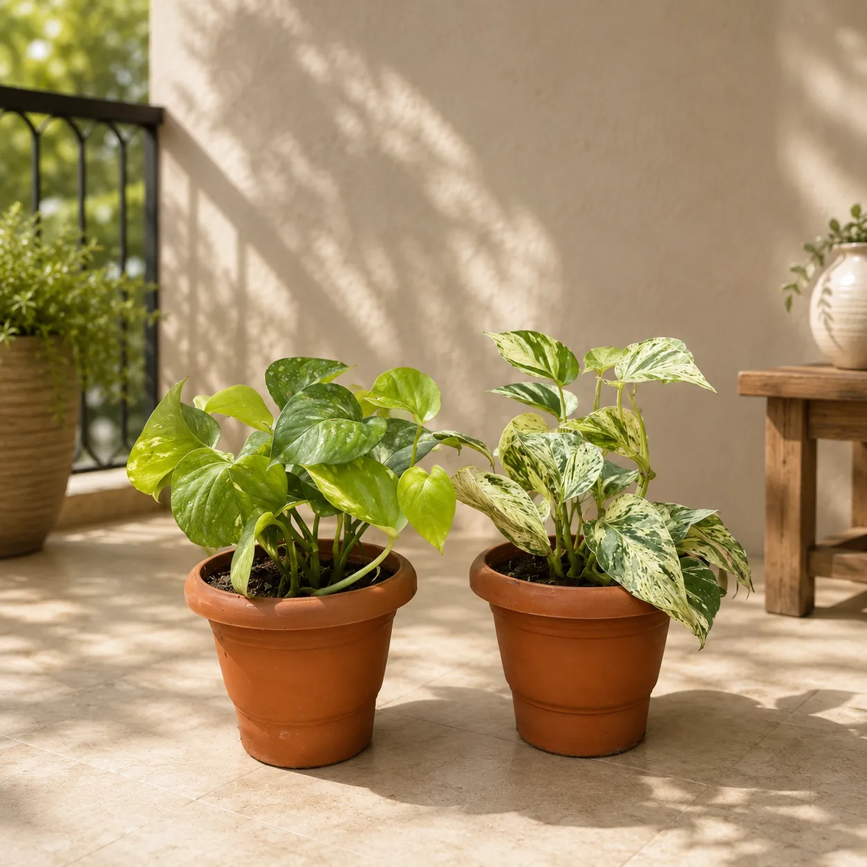 Set of 2 - Money Plant Green & Money Plant Marble in 4 Inch Classy Red Plastic Pot