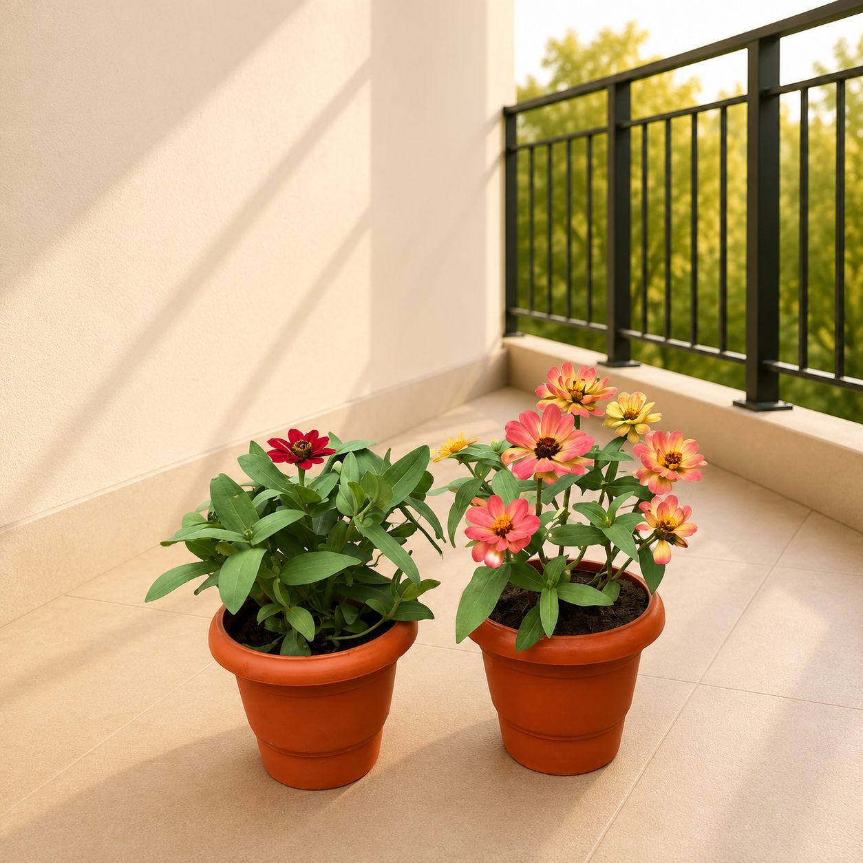 Set of 2 -Zinnia Colorful & Zinnia red in 4 Inch Classy Red Plastic Pot