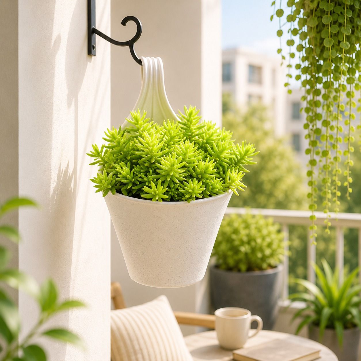 Two Sedum Golden in 8 Inch White Single Hook Hanging Plastic Pot