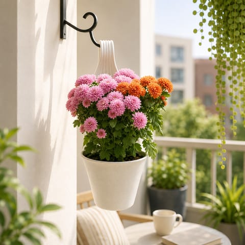 Two Chrysanthemum (Any Colour) in 8 Inch White Single Hook Hanging Plastic Pot