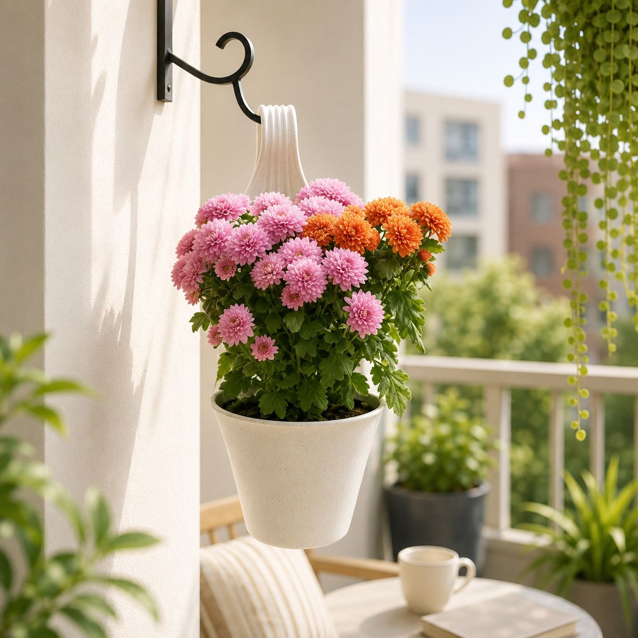 Two Chrysanthemum (Any Colour) in 8 Inch White Single Hook Hanging Plastic Pot