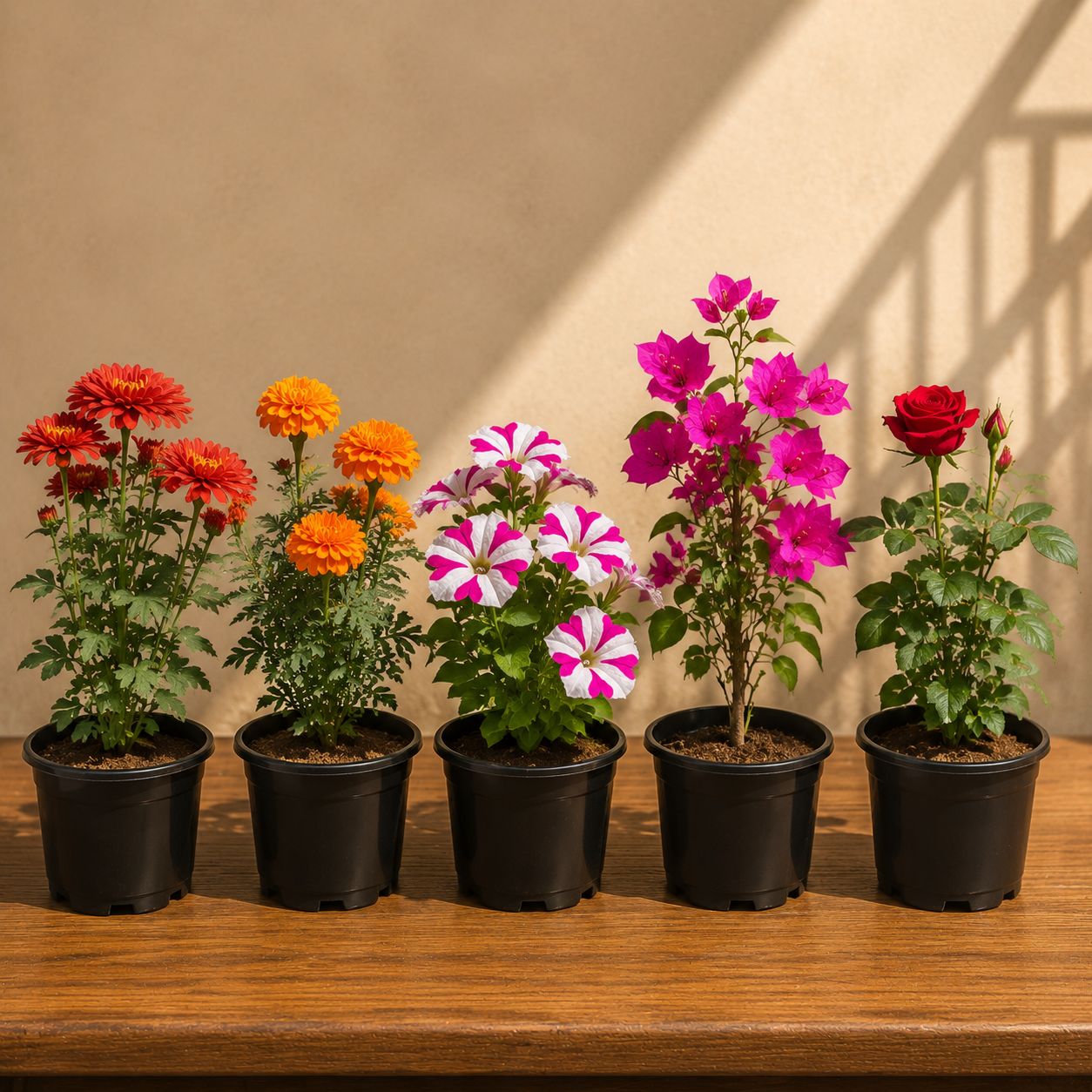 Flowering Favourites - Set of 5 - Rose, Petunia, Chrysanthemum, Marigold & Bougainvillea in 4 Inch Nursery Pots