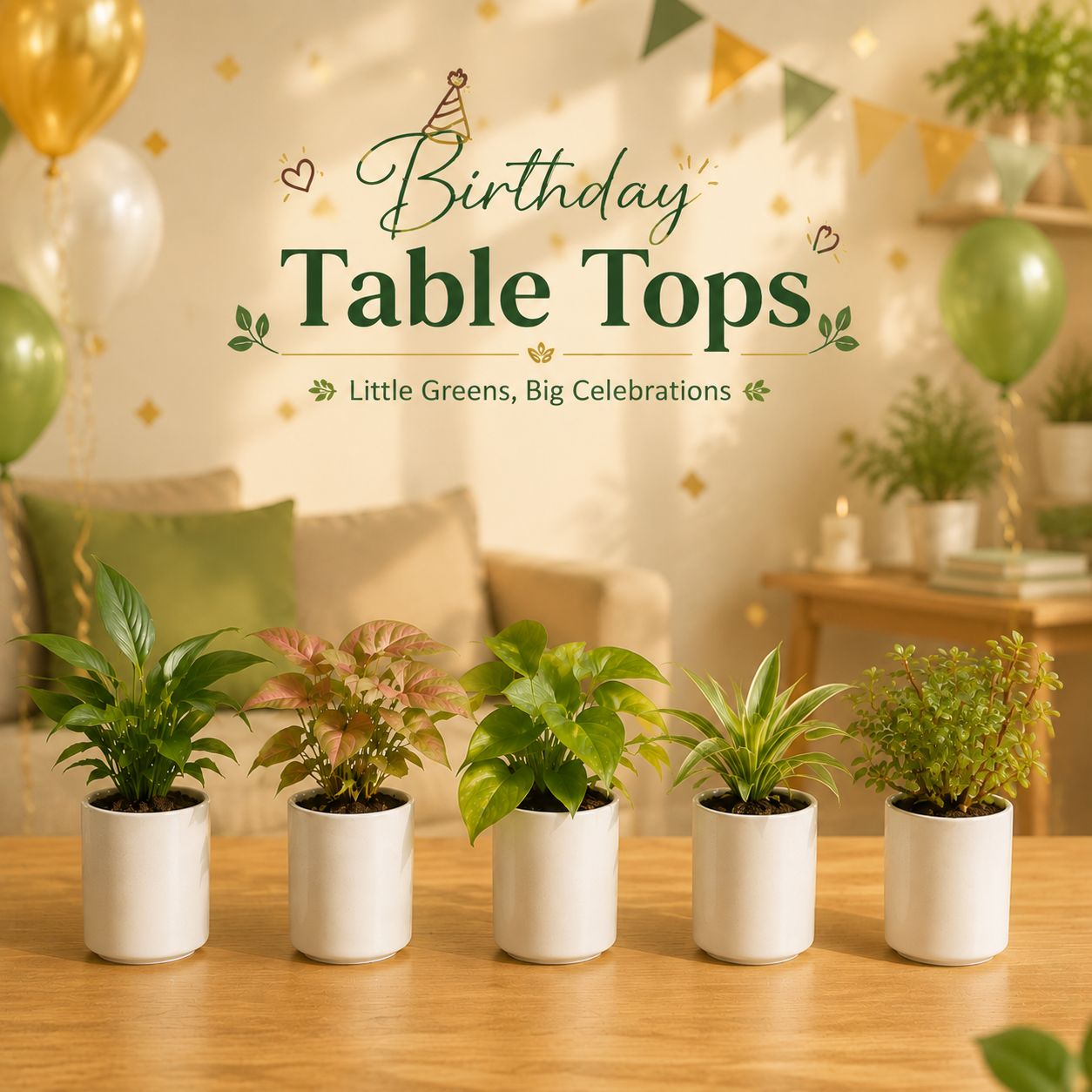 Indoor TableTop Greens - Set of 5 - Money Plant, Syngonium, Peace Lily, Spider & Jade in 4 Inch Ceramic Planters