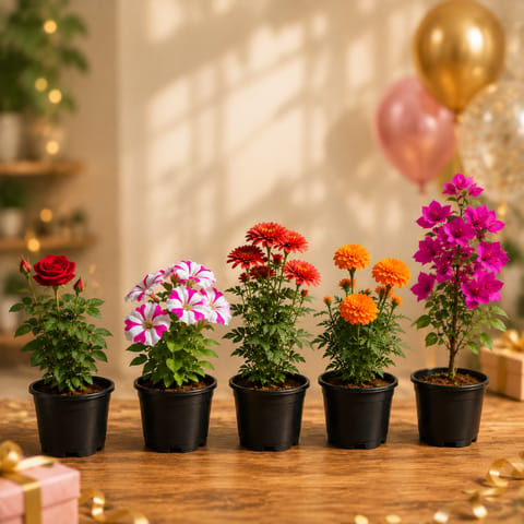 Celebration Blooms - Set of 5 - Rose, Petunia, Chrysanthemum, Marigold & Bougainvillea in 4 Inch Nursery Pots