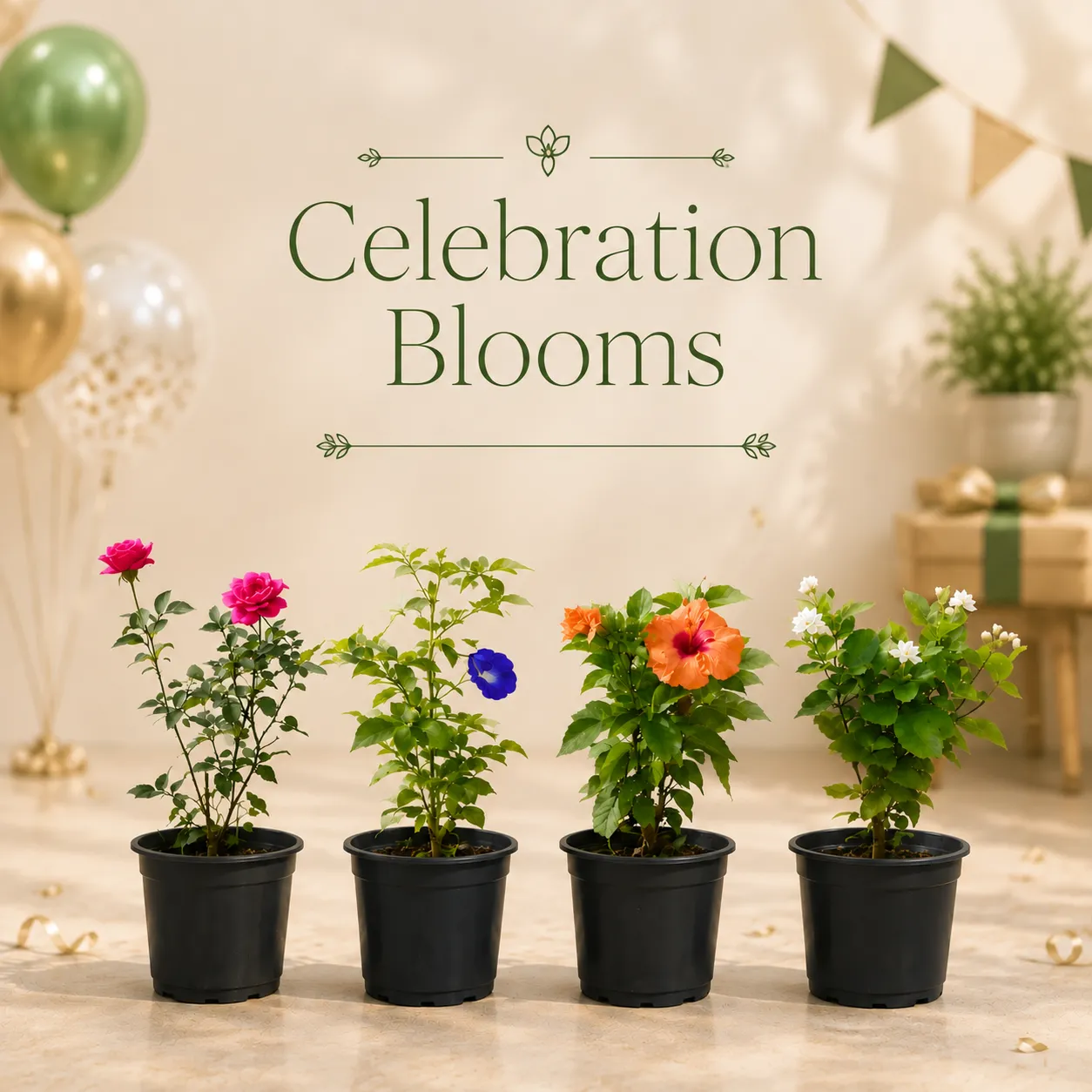 Celebration Blooms - Set of 4 - Rose, Aparajita, Mogra / Jasmine, Hibiscus Dwarf in 6 Inch Nursery Pots
