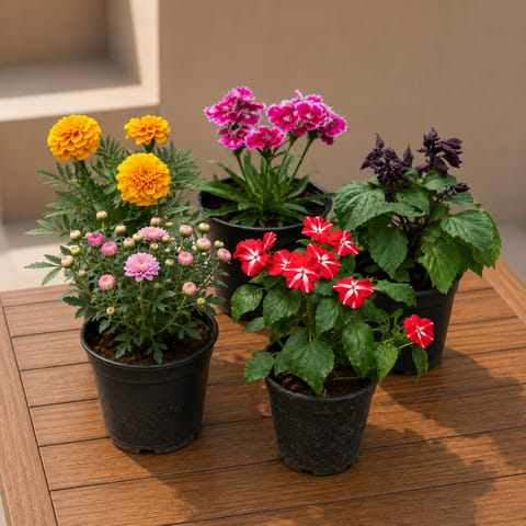 Colour Pop Flower Garden : Set of 5 - Chrysanthemum / Guldawari, Dianthus PInk, Imaptients Balsamina Red, Salvia Purple & Marigold Jafri Orange in 4 Inch Nursery Pot