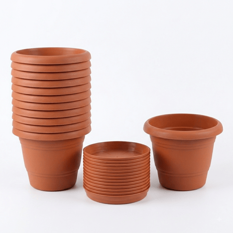 Set of 12 - 8 Inch Terracotta Red Classy Plastic Pot with 4.5 Inch Terracotta Red Premium Round Trays - To keep under the Pots