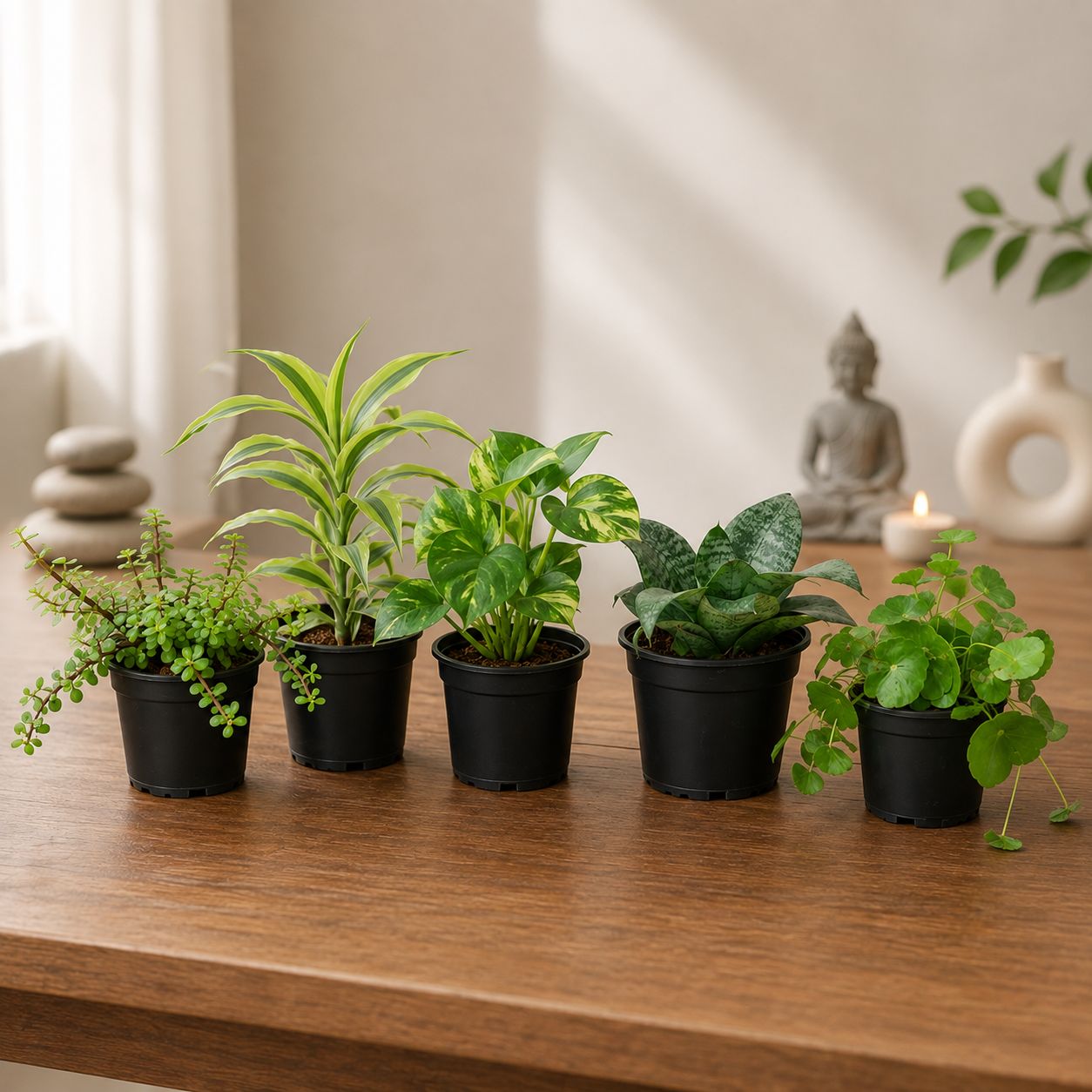 Good Luck Plants: Set of 5 - Lucky Bamboo, Snake Dwarf Green, Brahmi Dollar, Money Plant Green & Jade in 4 inch Nursery Pots