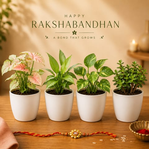 Rakshbandhan Peaceful Greens - Set of 4 - Syngonium Pink, Peace Lily, Money Plant & Jade in 4 Inch White Premium Orchid Round Plastic Pots | Gifts for Sister | Gifts for Brother