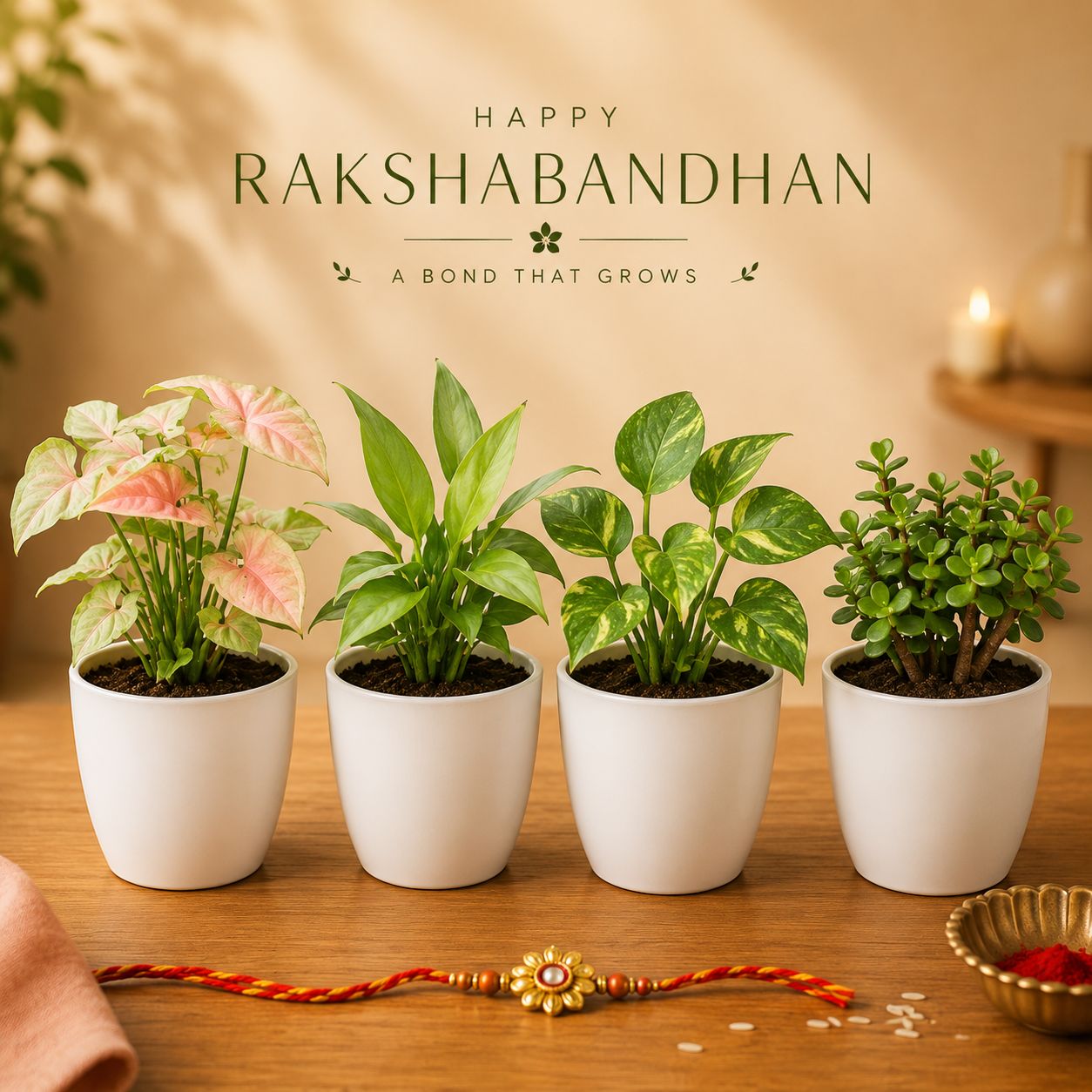 Rakshbandhan Peaceful Greens - Set of 4 - Syngonium Pink, Peace Lily, Money Plant & Jade in 4 Inch White Premium Orchid Round Plastic Pots | Gifts for Sister | Gifts for Brother
