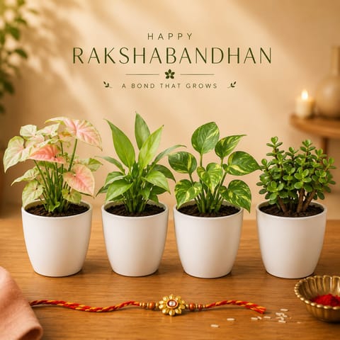Rakshbandhan Peaceful Greens - Set of 4 - Syngonium Pink, Peace Lily, Money Plant & Jade in 4 Inch White Premium Orchid Round Plastic Pots | Gifts for Sister | Gifts for Brother