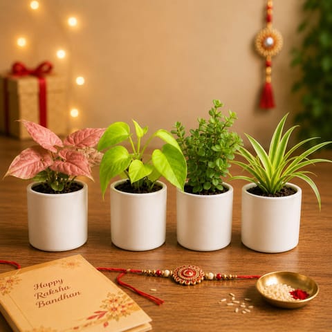 Rakshabandhan Gifting Combo - Set of 4 - Syngonium Pink, Money plant, Spider & Jade in 4 Inch Stem Pipe Ceramic Pots | Gifts for Sister | Gifts for Brother