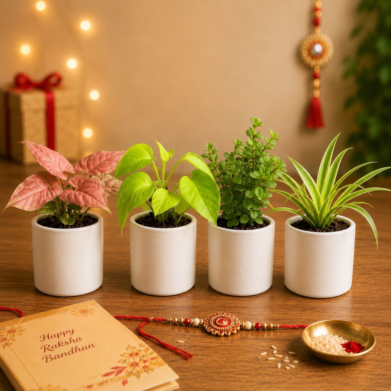 Rakshabandhan Gifting Combo - Set of 4 - Syngonium Pink, Money plant, Spider & Jade in 4 Inch Stem Pipe Ceramic Pots | Gifts for Sister | Gifts for Brother