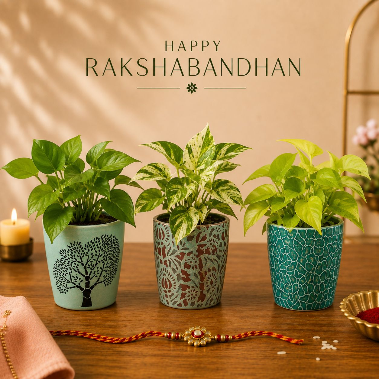 Rakhi Green Fortune - Set of 3 Assorted Money Plant in Heritage 4 Inch Designer Ceramic Pots (Any Colour) | Gifts for Sister | Gifts for Brother