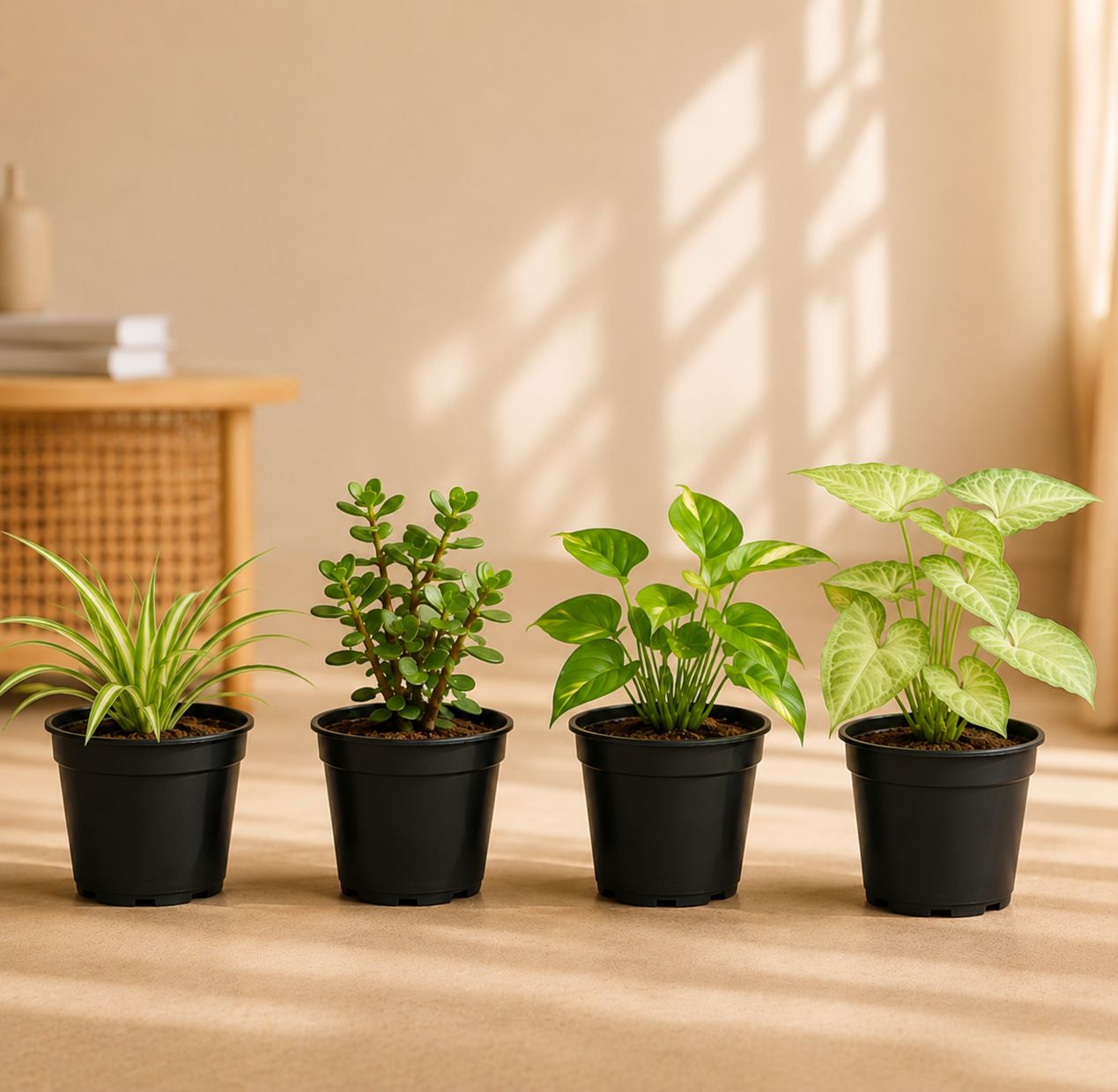 Low Maintenance Combo - Set of 4 - Spider, Jade, Money Plant & Syngonium in 4 Inch Nursery Pots