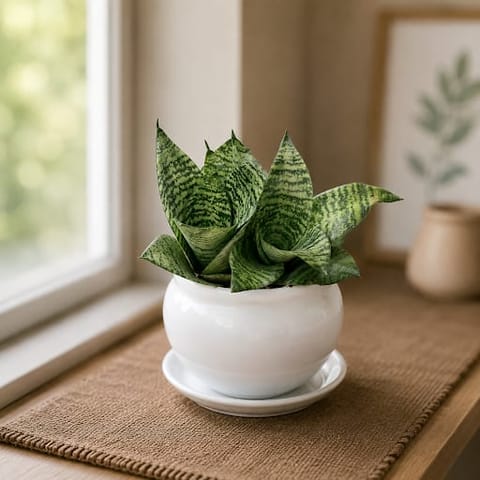 Gift Ready - Snake Dwarf Green in 5 Inch Classy White Matki Ceramic Pot with Tray