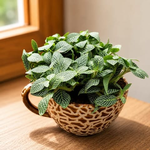 Gift Ready - Fittonia / Nerve Plant in 5 Inch Designer Cup Ceramic Pot (any colour)