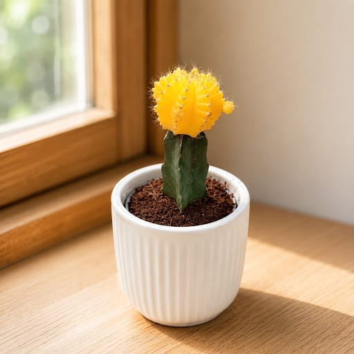 Moon Cactus Yellow in 3 Inch Elegant White Glass Designer Ceramic Pot