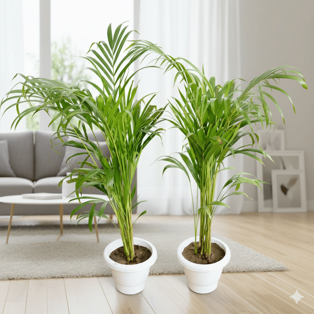 Set of 2 - Areca Palm bushy (~3 Ft) in 8 Inch white classy plastic pot
