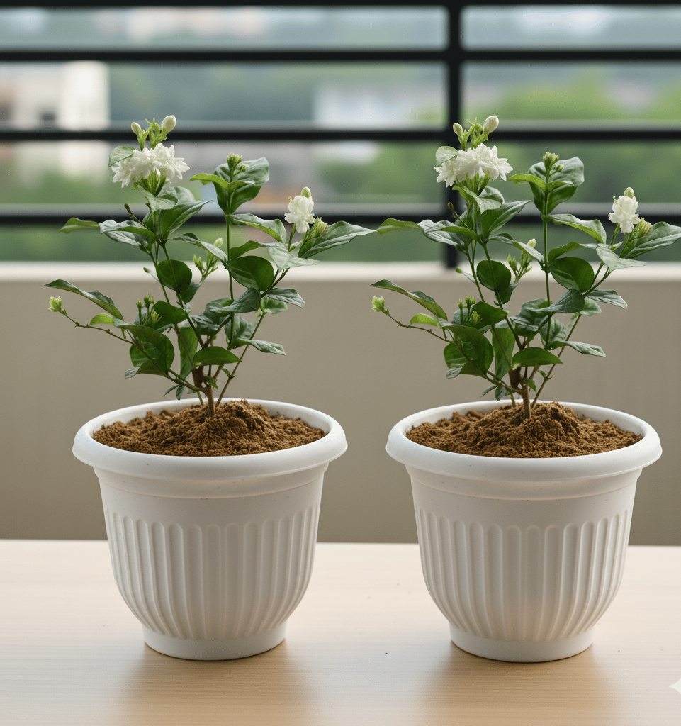 Set of 2 - Mogra / Jasmine in 8 Inch White Olive Plastic Pot