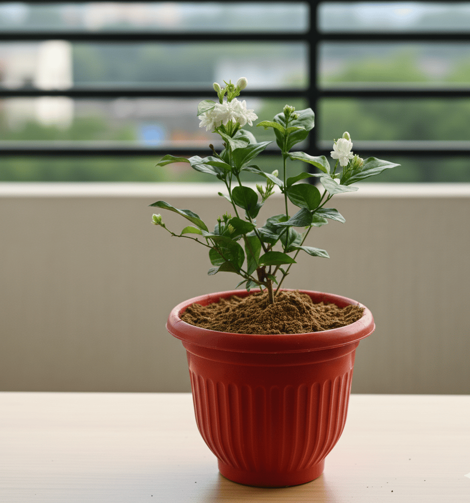 Mogra / Jasmine in 8 Inch Red Olive Plastic Pot