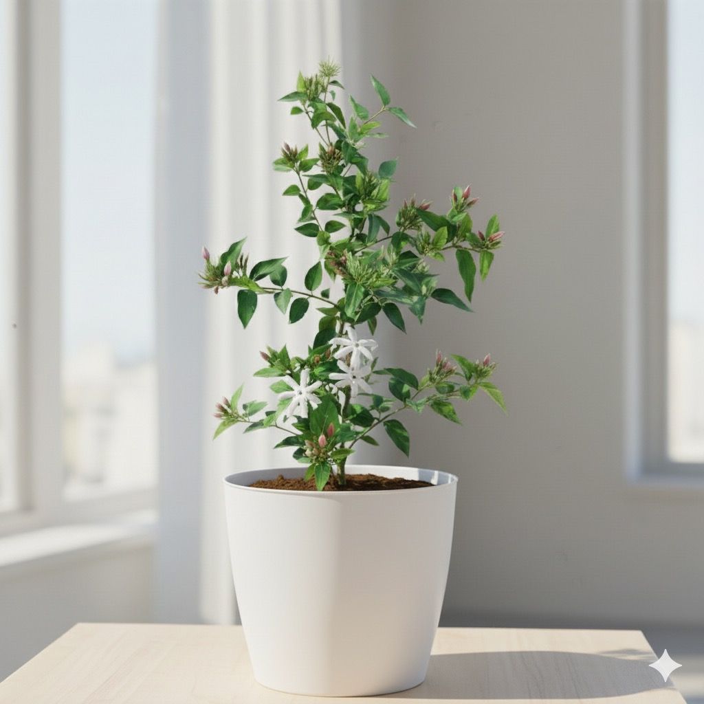 Mogra / Jasmine (any colour) in 6 Inch Classy White Cup Ceramic Pot