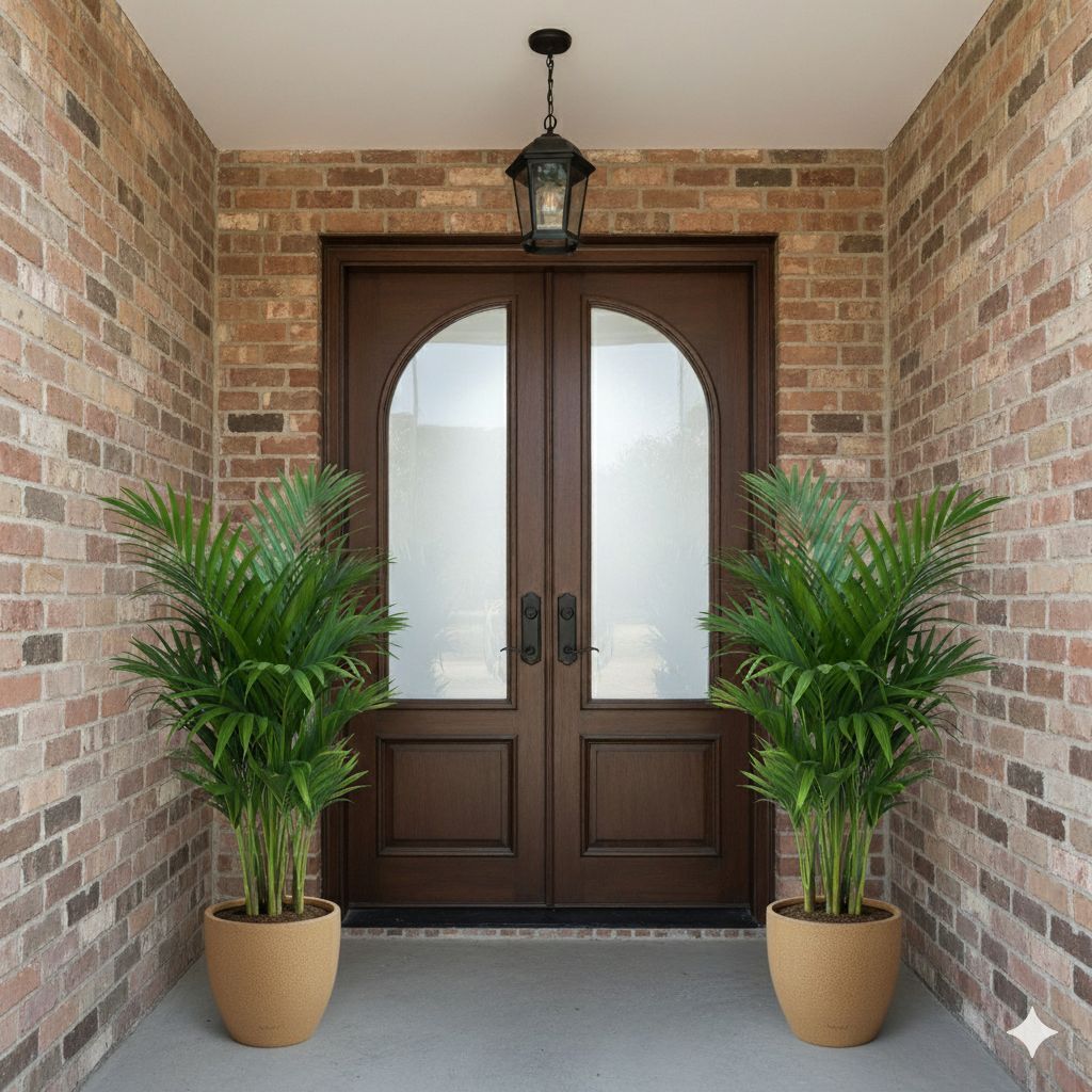 Set of 2 - Areca Palm (~ 4 Ft) in 12 X 12 Inch Sandstone Premium Convessa Fiberglass Planter - Durable large size decoratiive fiber pot for indoor outdoor plants with 5 year warranty