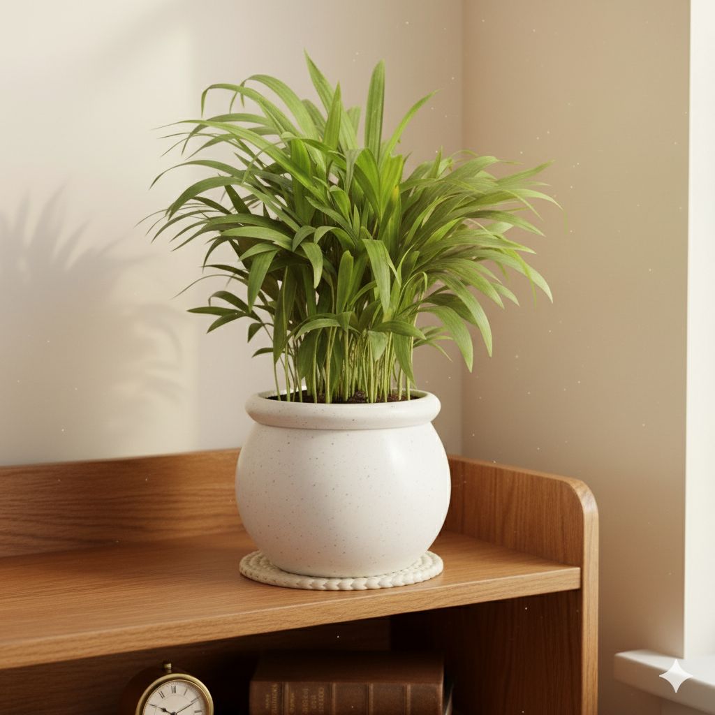 Areca Palm Dwarf (~ 1 Ft) in 5 Inch Matki Designer Ceramic Pot (Any Colour & Design)
