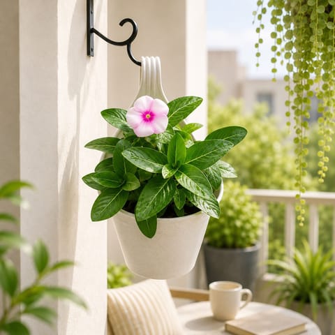Two Periwinkle / Vinca / Sadabahar in 8 Inch White Single Hook Hanging Plastic Pot