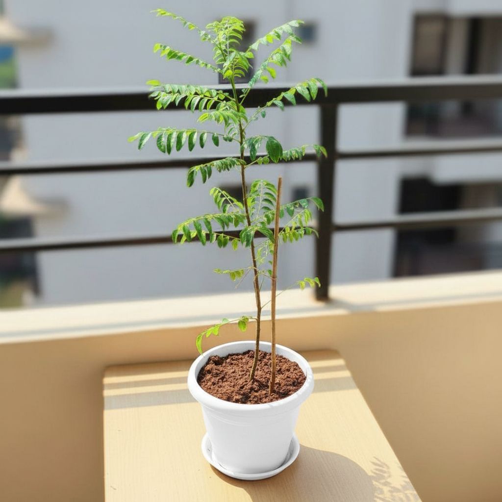 Curry Patta (~ 1.5 Ft)  in 8 Inch White Classy Plastic Pot with tray