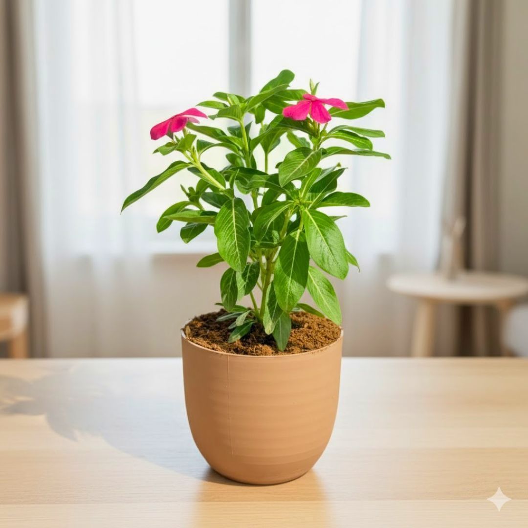 Gift Ready - Periwinkle / Vinca / Sadabahar (any colour) in 4 Inch Mocha Avora Premium Plastic Planter - in Premium Gifting Box