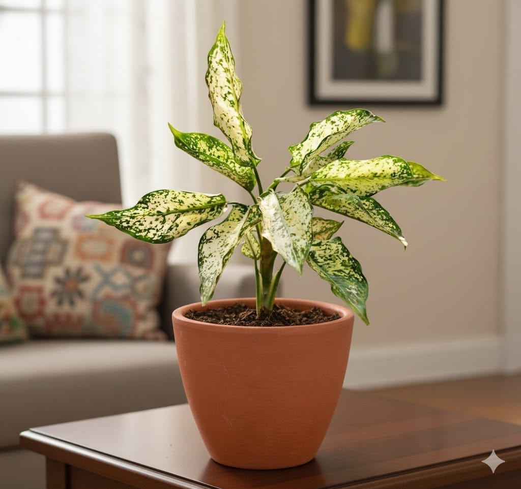 Gift Ready - Aglaonema Snow White in 4 inch Shilp Maati Pot - Chic Small Pot for Decor Corners