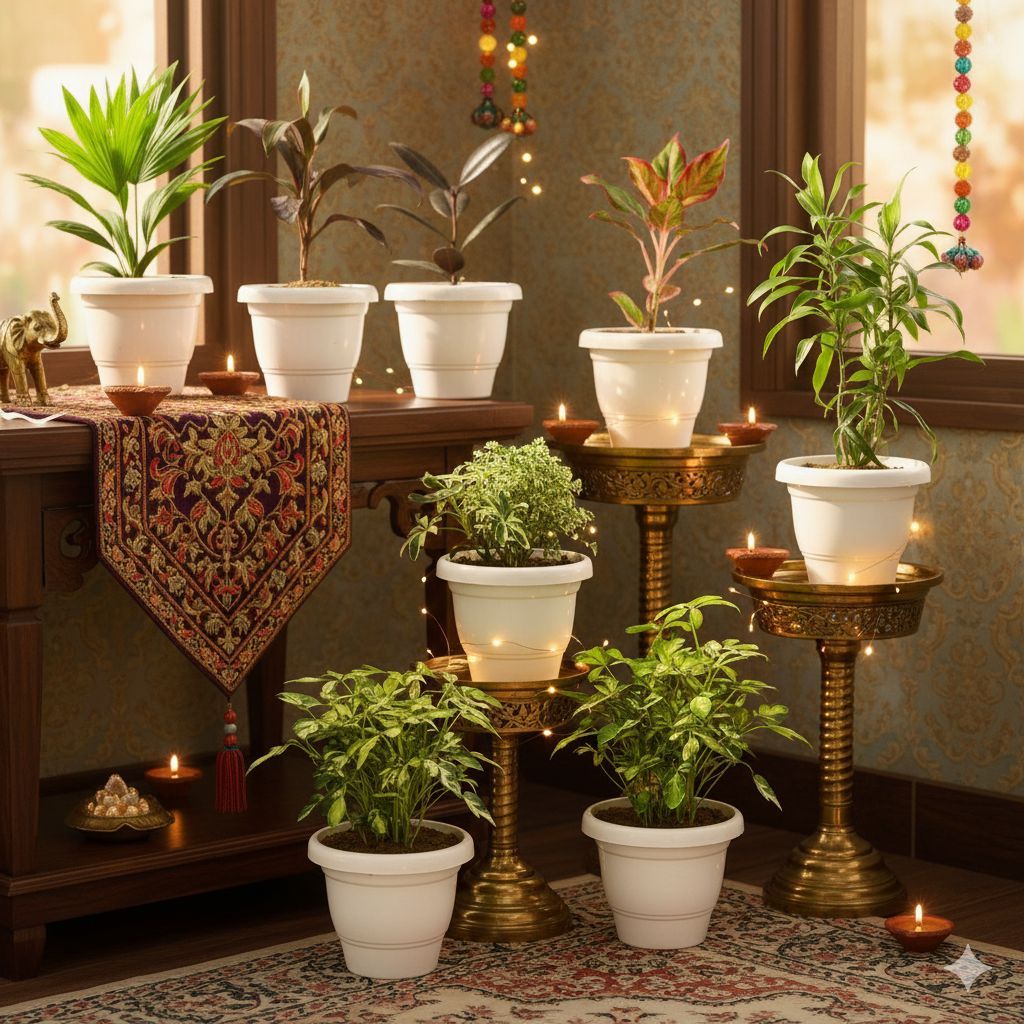 The Evergreen Elegance Collection - Set of 8 - China Palm, Dracaena Red, Rubber Black, Aglaonema Lipstick, Dracaena Green, Aralia White, Schefflera Green & Vareigated in 8 Inch Classy White Plastic Pot