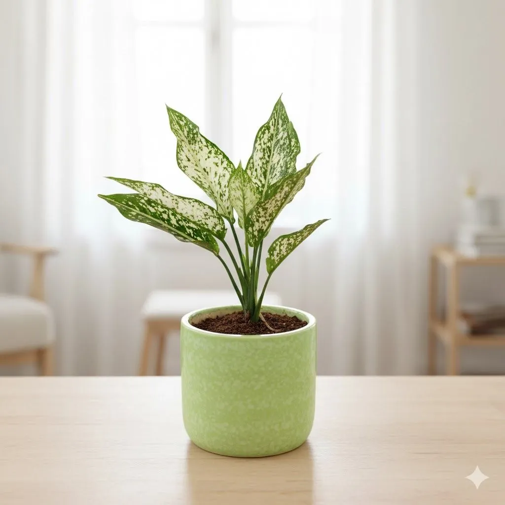 Aglaonema Snow White in 6 Inch Green Classy Cup Ceramic Pot