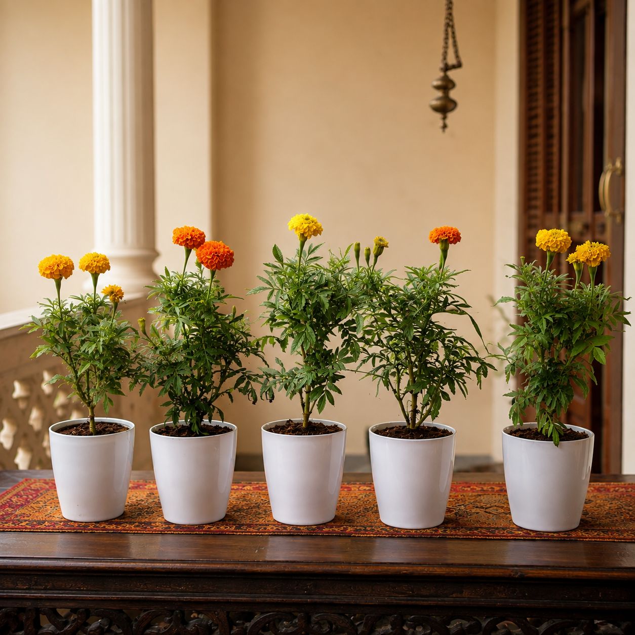 Festival Sunshine: Set of 5 - Marigold / Genda Plant in 6 Inch White Premium Orchid Round Plastic Pot