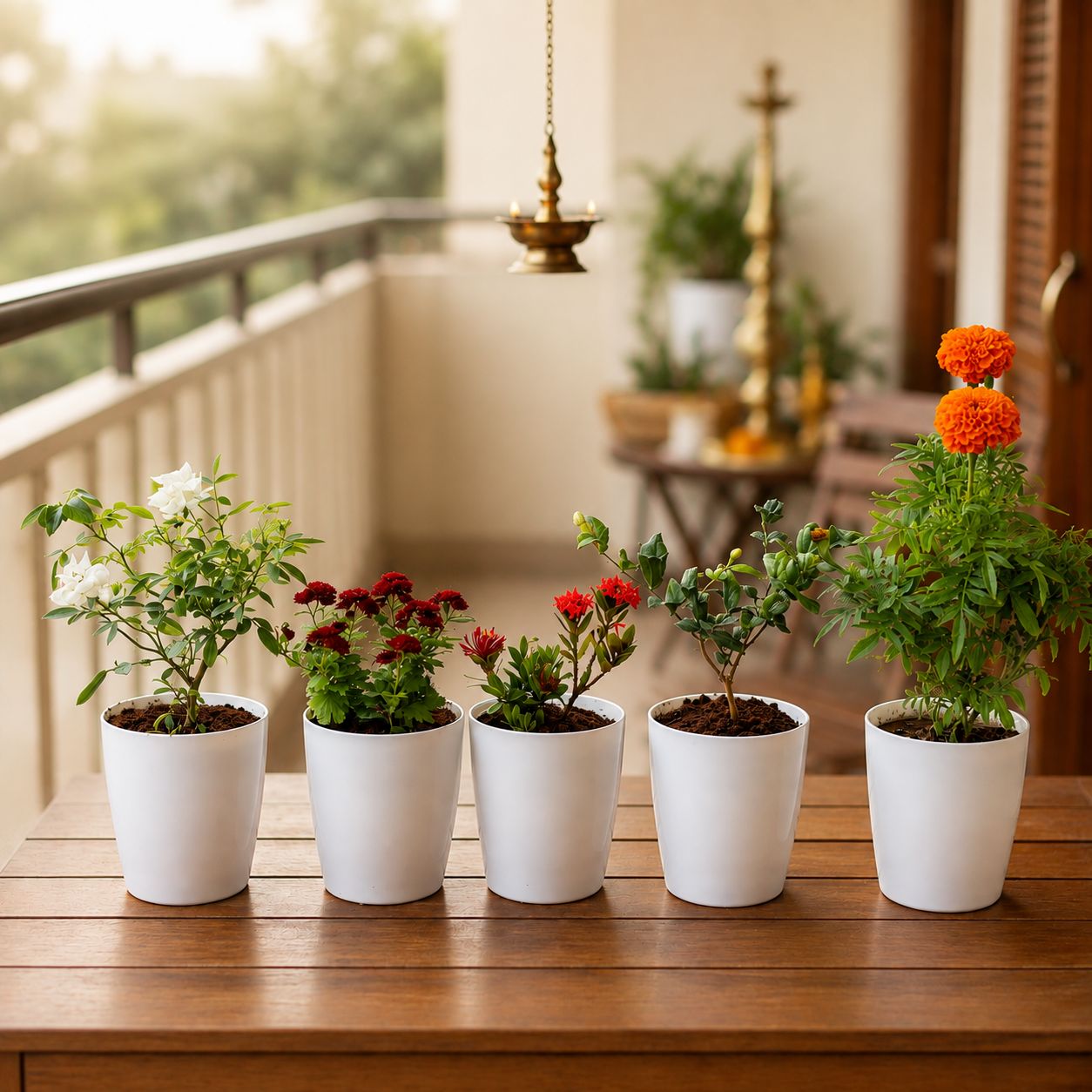 Festive Blooms Pack: Set of 5 - Button Rose White, Marigold / Genda, Chrysanthemum / Guldawari, Ixora & Star Jasmine in 6 Inch White Premium Orchid Round Plastic Pot