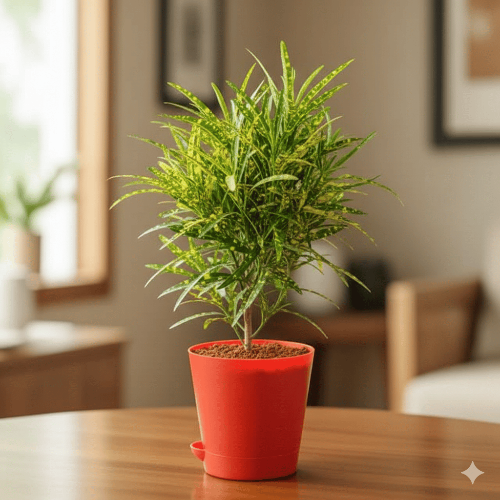 Chironji Croton in 4 Inch Red Florence Self Watering Pot