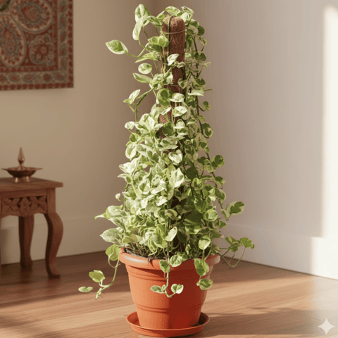 Money Plant N'Joy With 3 Ft Moss Stick in 10 Inch Terracotta Red Classy Plastic Pot